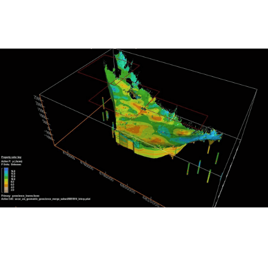A 3D digital groundwater basin model, showcasing our groundwater solutions, displays colored layers representing diverse formations. The chart features axis measurements and a legend on the side indicating color-coded elevations, underscoring our expertise in hydrogeological analysis and modeling.