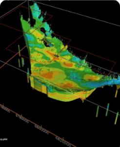 A 3D geological model showcases a colorful, terrain-like structure in green, yellow, and blue hues. Suspended in a black space with grid lines and numerical labels representing measurements or coordinates, it highlights elements of groundwater basin management.